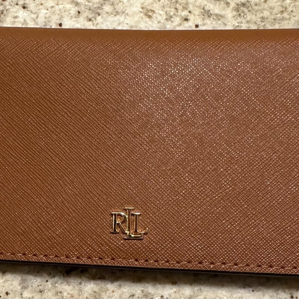 Ralph Lauren' women's brown leather wallet, 7"x3.75"; Crosshatch Leather Slim